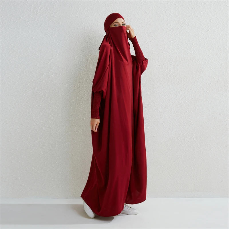 Abaya Noire à Capuche Manches Smockées - Jilbab Robe de Prière