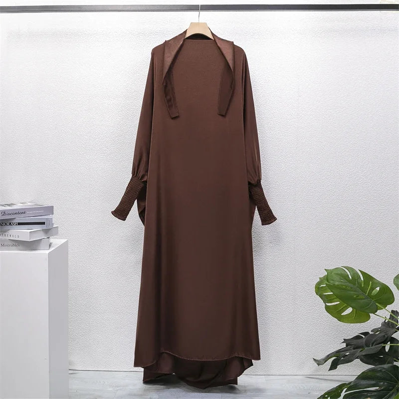 Abaya Robe de Prière Une Pièce - Jilbab Capuche Manches Smockées
