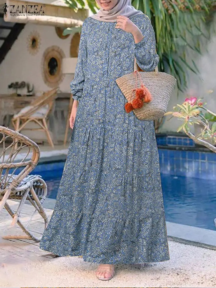 Robe Musulmane ZANZEA 2025 - Abaya Florale Vintage Maxi Kaftan Femme