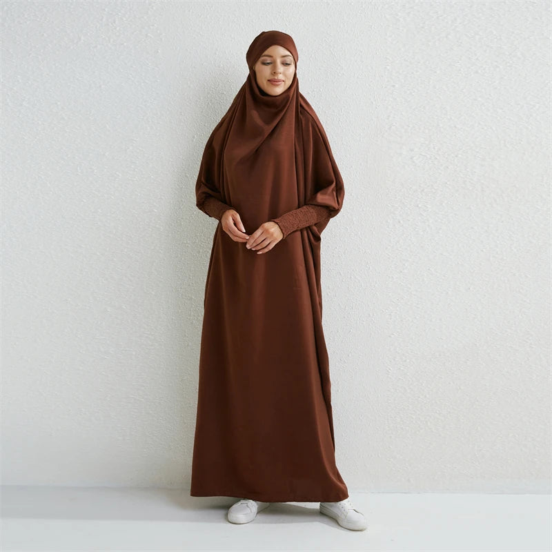 Abaya Noire à Capuche Manches Smockées - Jilbab Robe de Prière