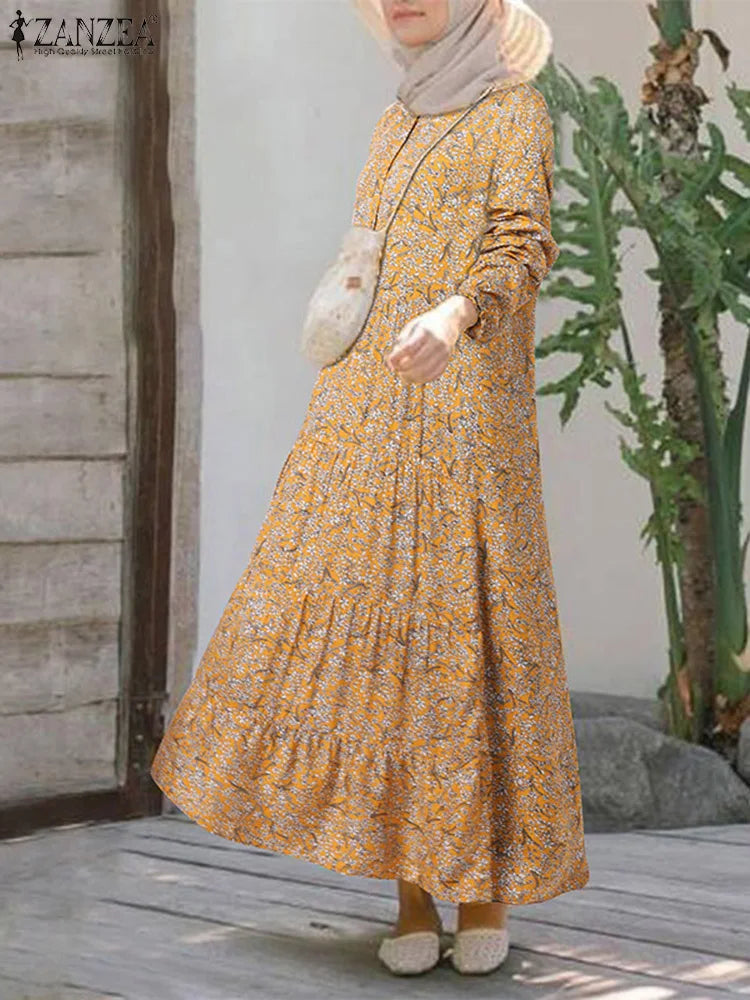 Robe Musulmane ZANZEA 2025 - Abaya Florale Vintage Maxi Kaftan Femme