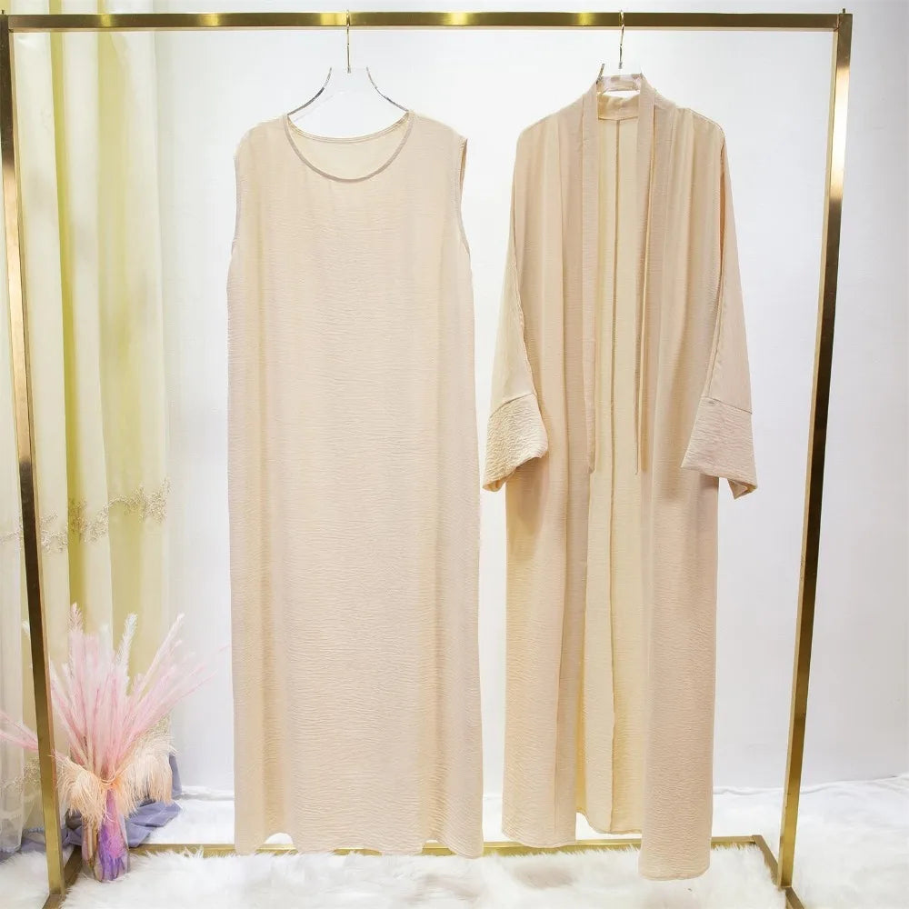 Ensemble Jilbab Deux Pièces Femmes - Abaya Cardigan avec Robe Intérieure et Ceinture