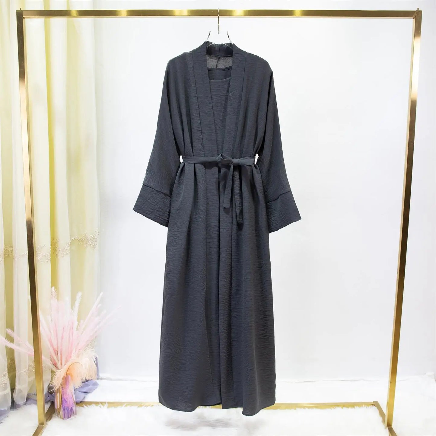 Ensemble Jilbab Deux Pièces Femmes - Abaya Cardigan avec Robe Intérieure et Ceinture