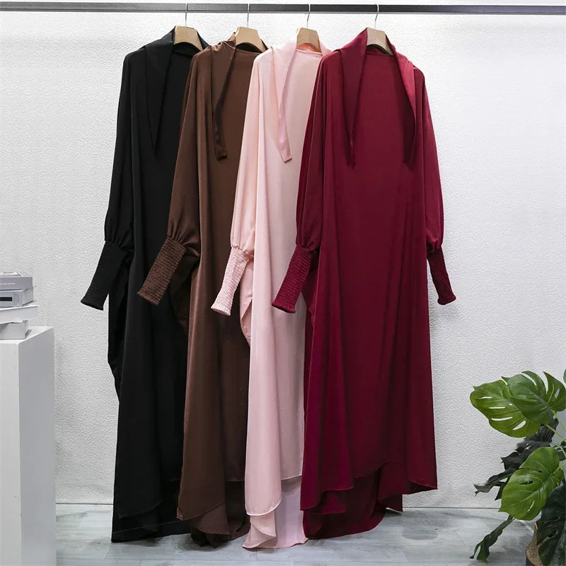 Abaya Robe de Prière Une Pièce - Jilbab Capuche Manches Smockées
