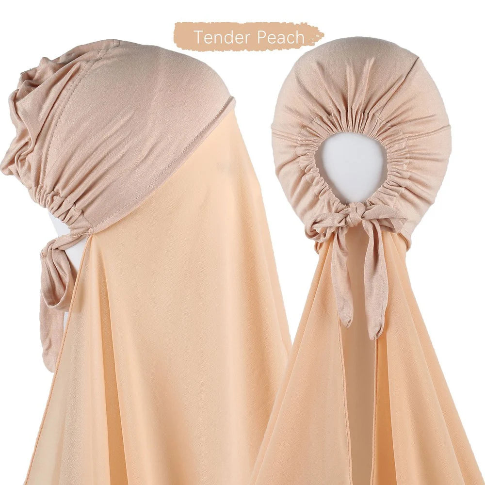 Hijab Instantané Femme Bonnet Stretch - Châle Mousseline Soie Turban