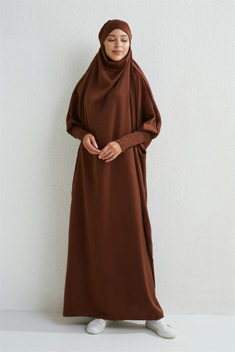 Abaya Noire à Capuche Manches Smockées - Jilbab Robe de Prière