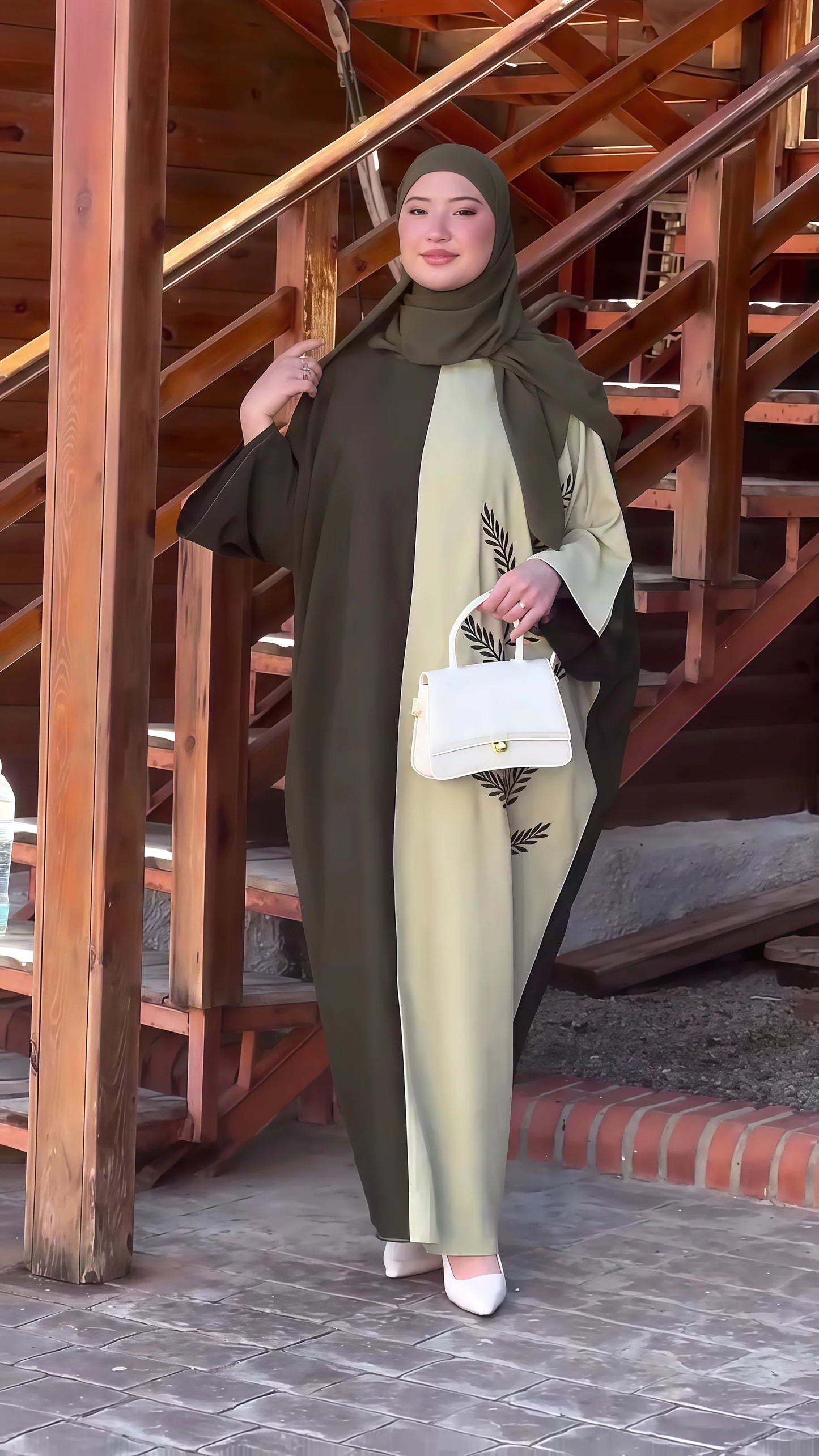 Abaya Bicolore Olive Beige Broderie Feuilles - Hijab Assorti Élégant