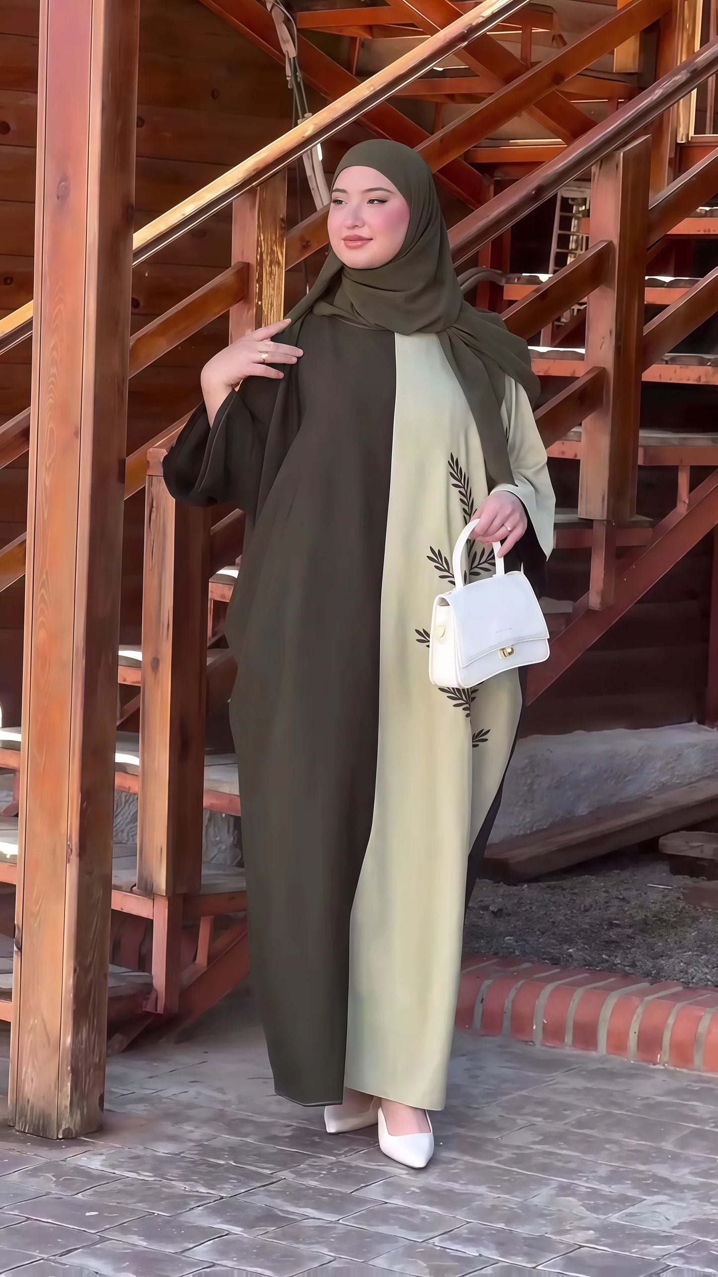 Abaya Bicolore Olive Beige Broderie Feuilles - Hijab Assorti Élégant
