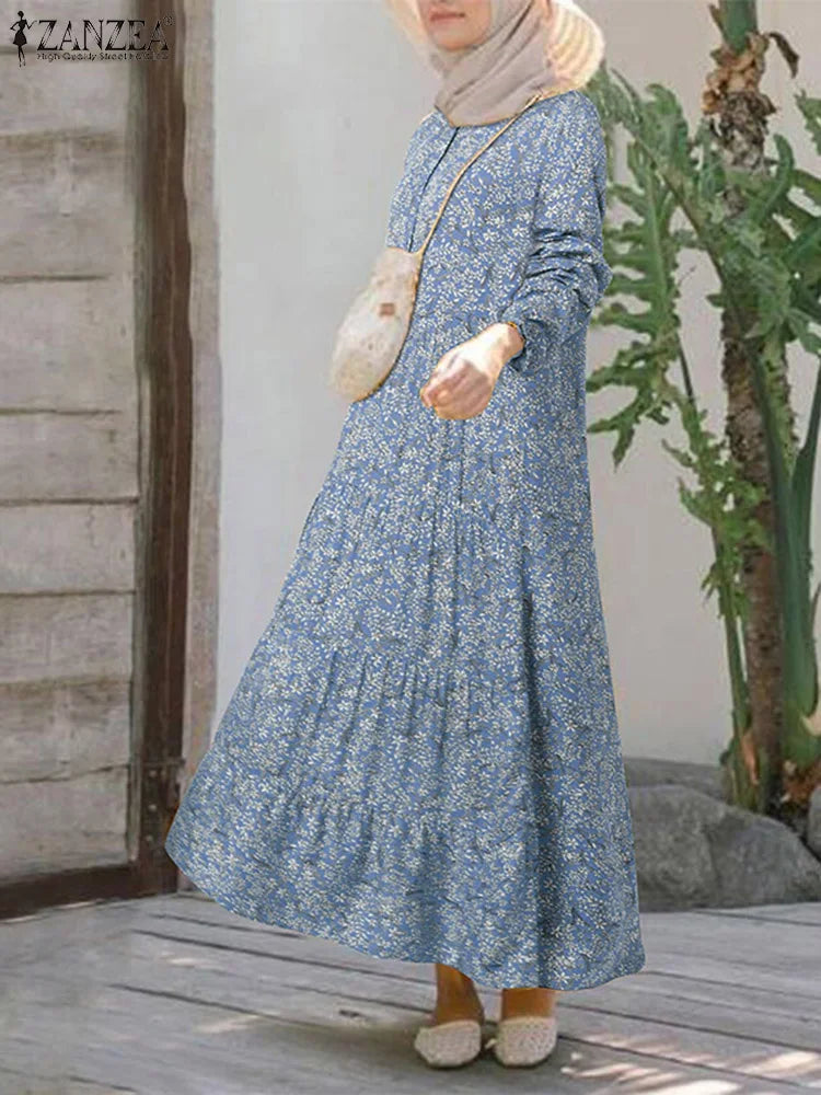Robe Musulmane ZANZEA 2025 - Abaya Florale Vintage Maxi Kaftan Femme