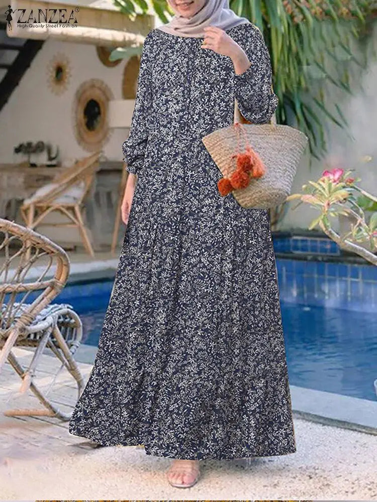Robe Musulmane ZANZEA 2025 - Abaya Florale Vintage Maxi Kaftan Femme