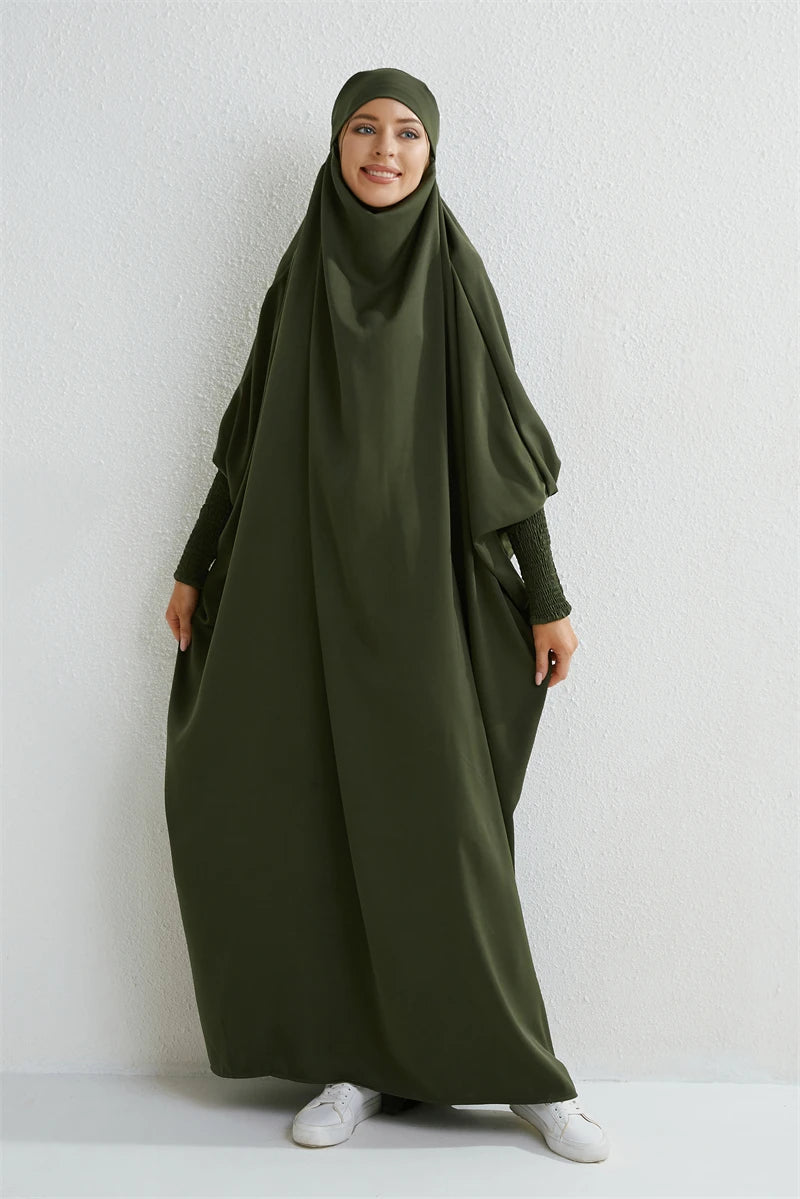 Abaya Noire à Capuche Manches Smockées - Jilbab Robe de Prière