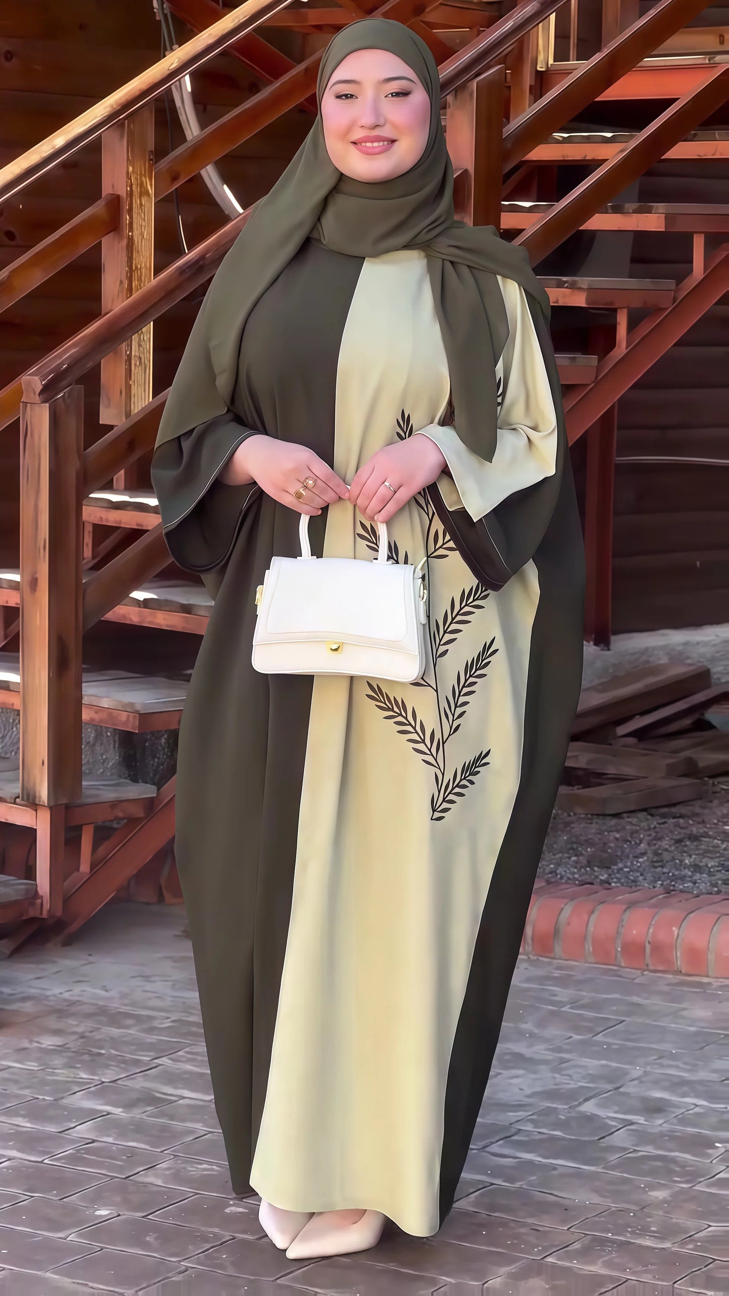 Abaya Bicolore Olive Beige Broderie Feuilles - Hijab Assorti Élégant