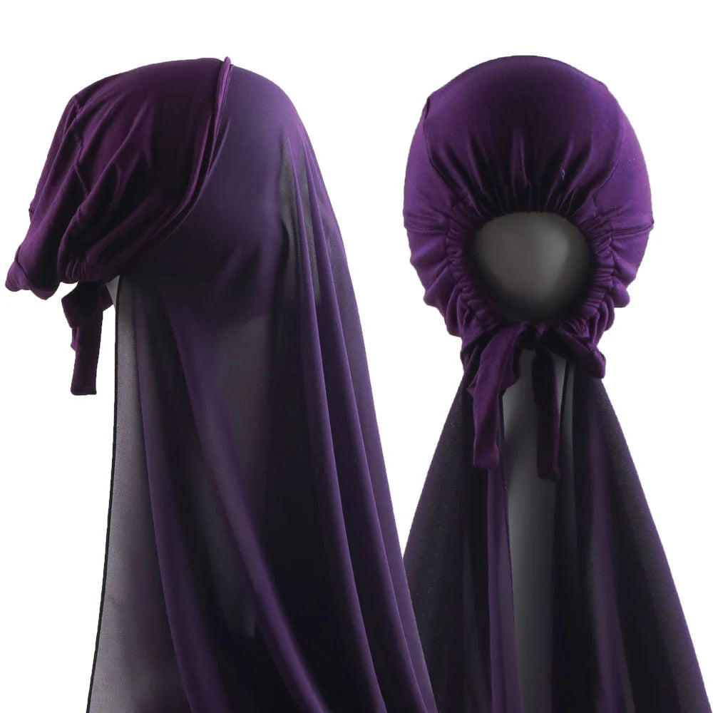 Hijab Instantané Femme Bonnet Stretch - Châle Mousseline Soie Turban