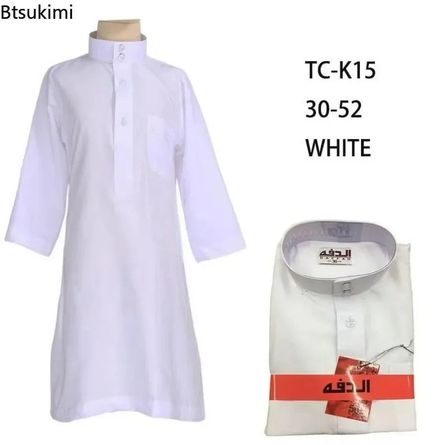 Caftan Enfants Jubba Thobe Garçons - Abaya Islamique Blanc Col Montant