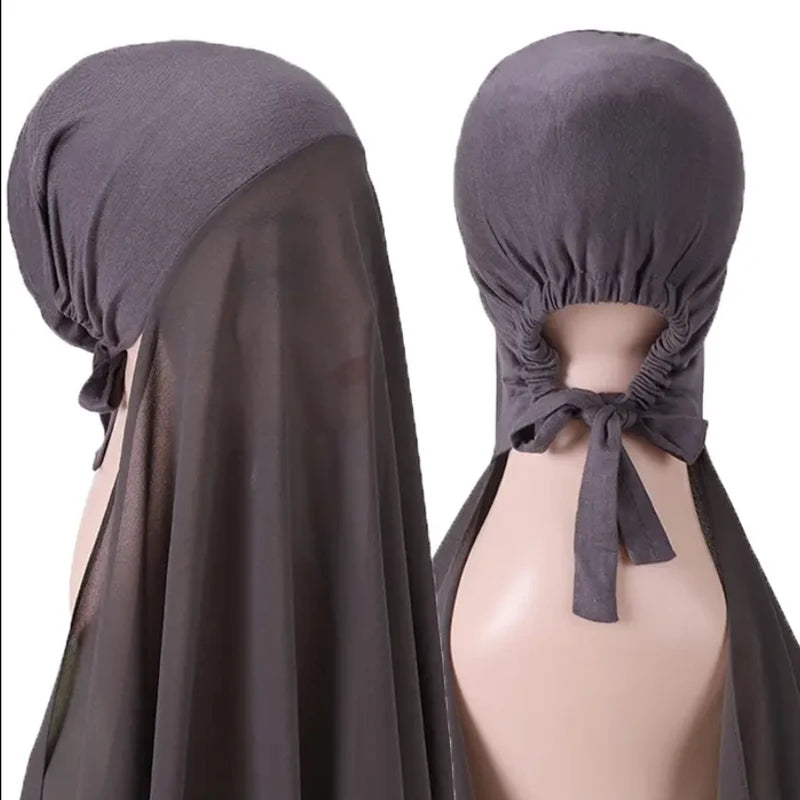 Hijab Instantané Femme Bonnet Stretch - Châle Mousseline Soie Turban