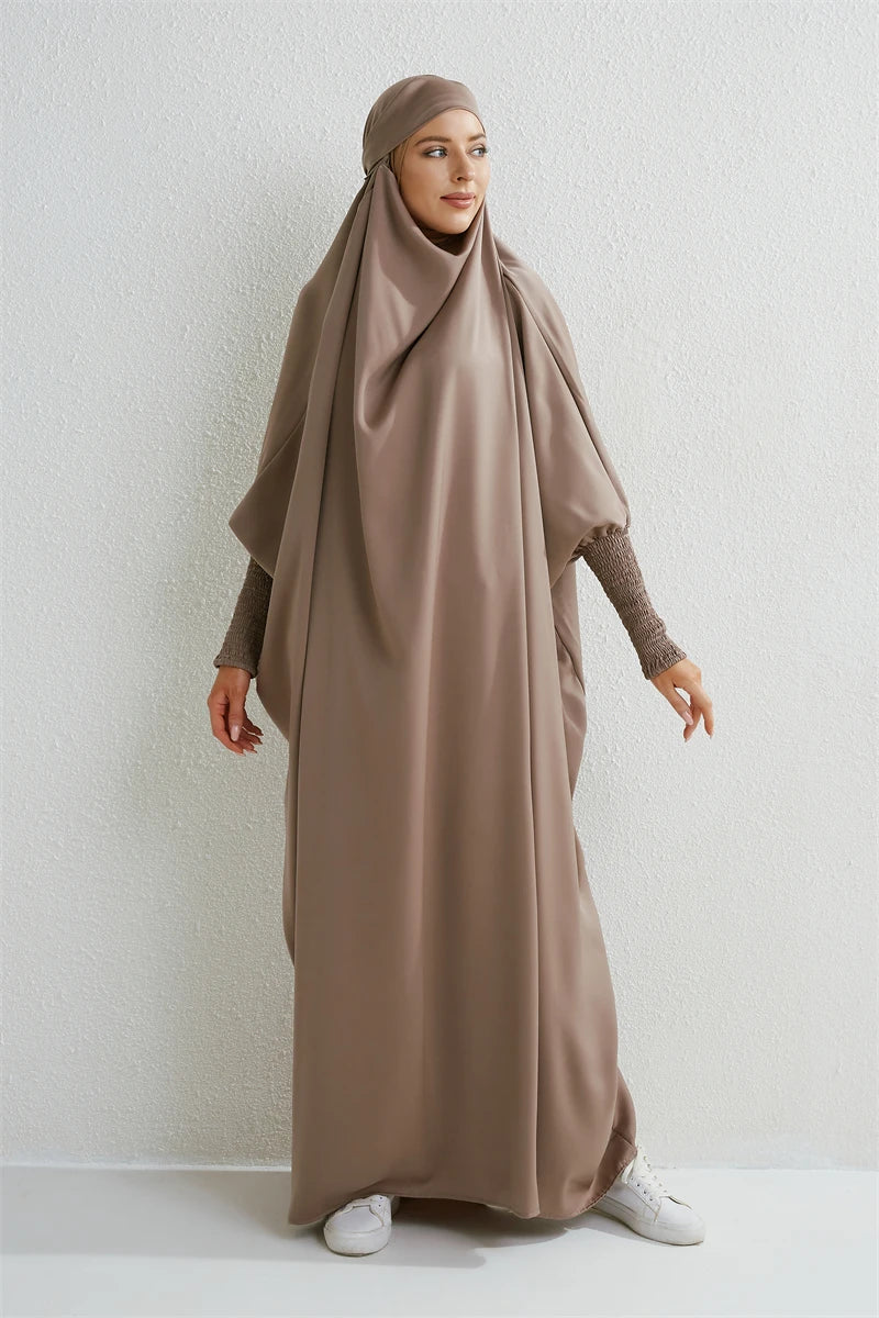 Abaya Noire à Capuche Manches Smockées - Jilbab Robe de Prière