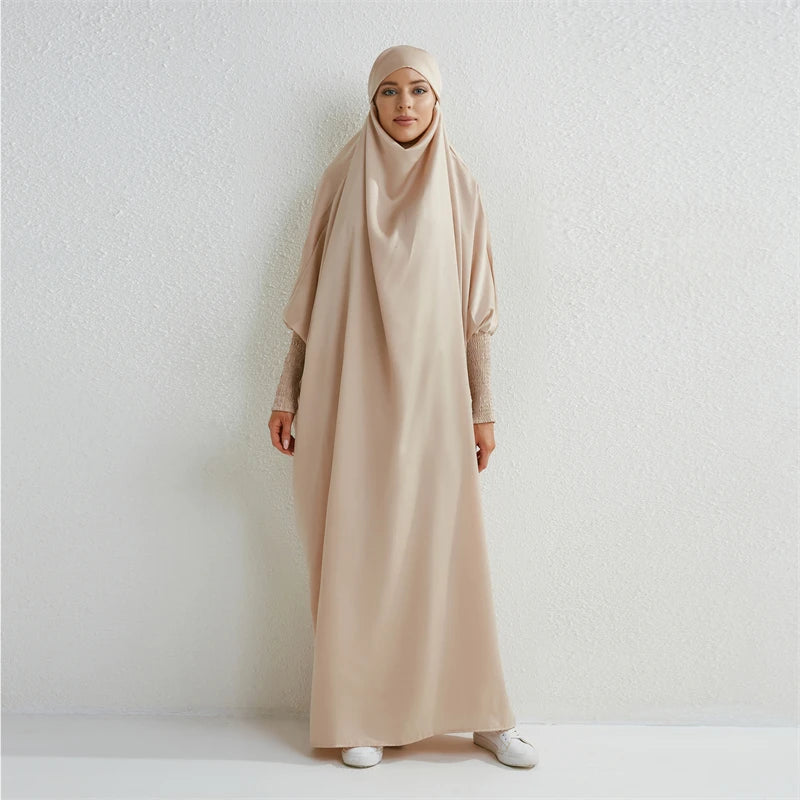 Abaya Noire à Capuche Manches Smockées - Jilbab Robe de Prière