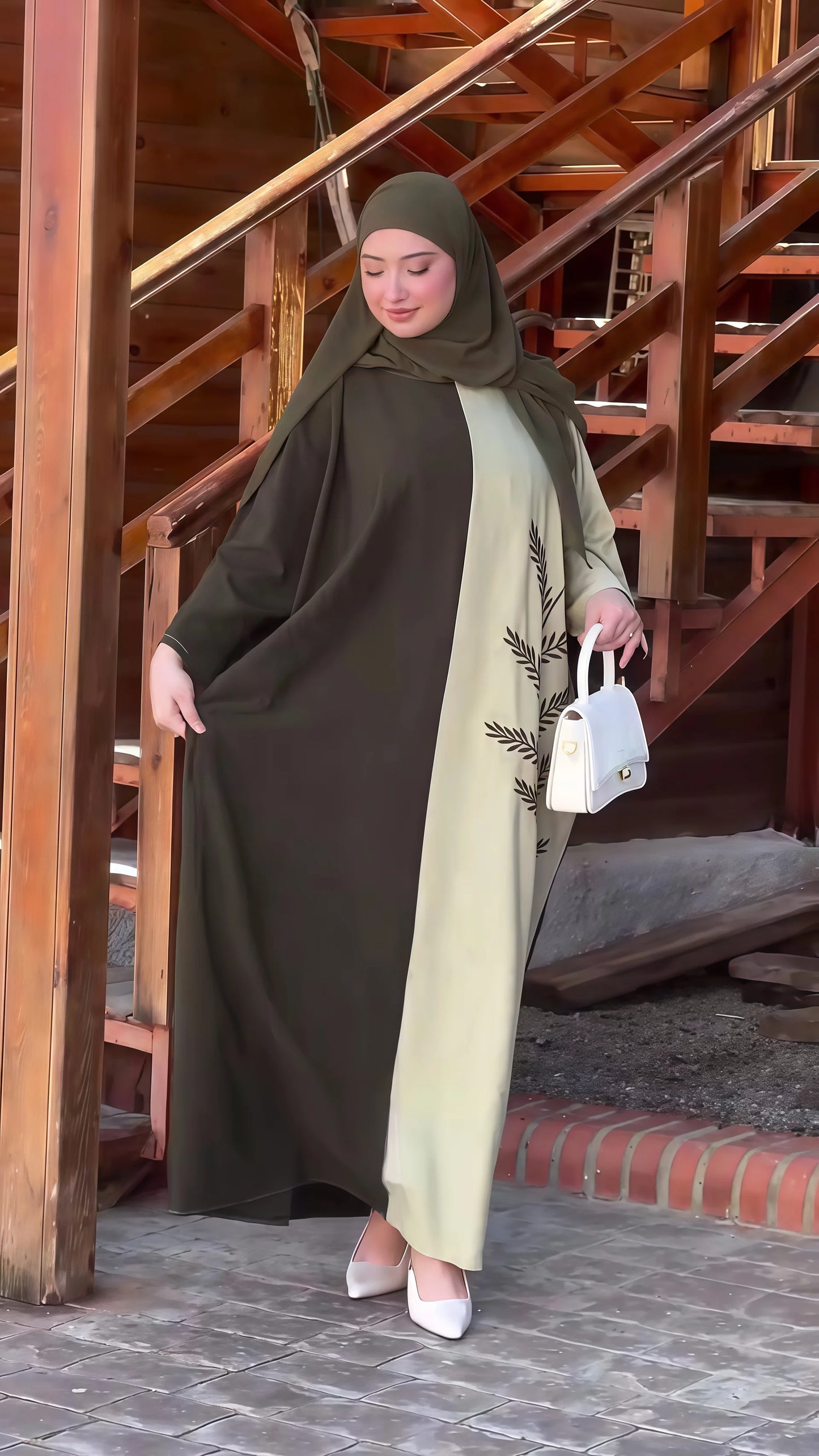Abaya Bicolore Olive Beige Broderie Feuilles - Hijab Assorti Élégant