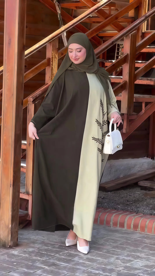 Abaya Bicolore Olive Beige Broderie Feuilles - Hijab Assorti Élégant