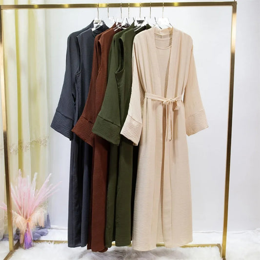 Ensemble Jilbab Deux Pièces Femmes - Abaya Cardigan avec Robe Intérieure et Ceinture