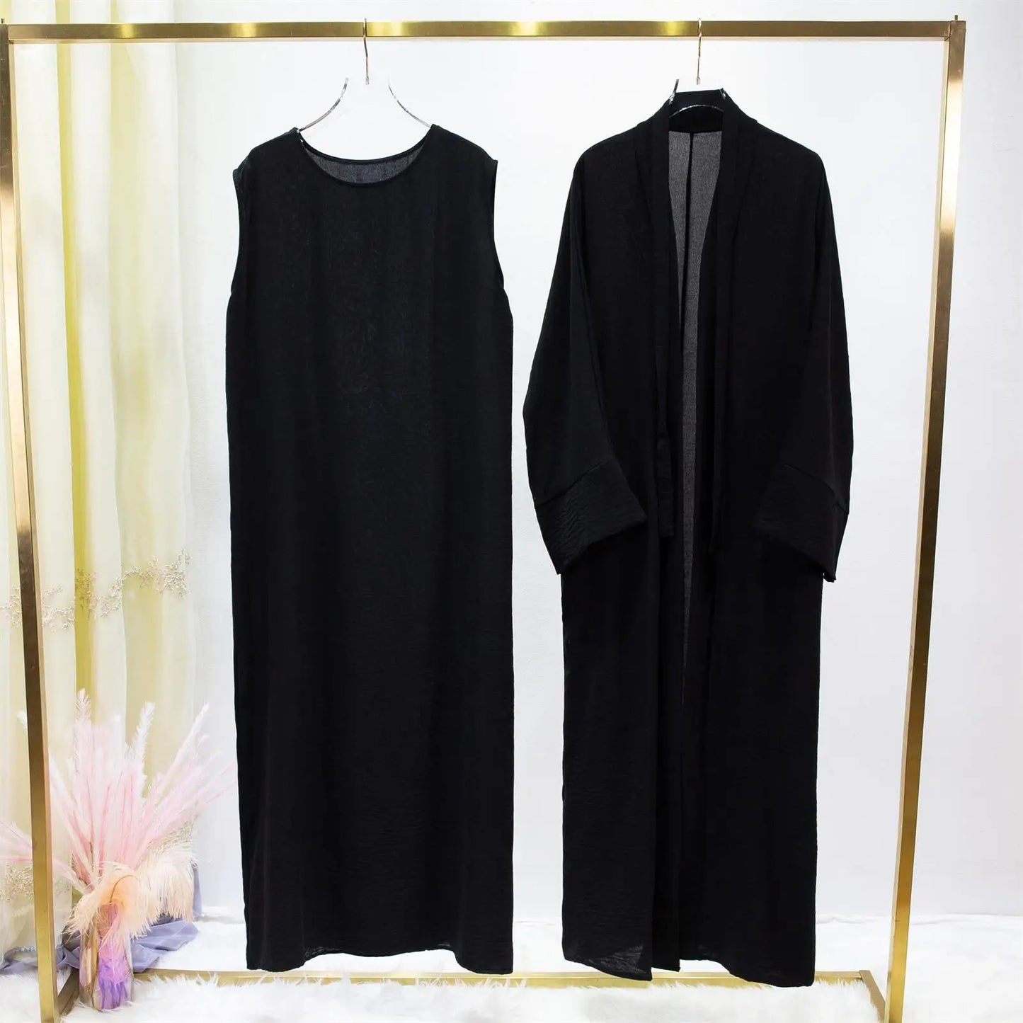 Ensemble Jilbab Deux Pièces Femmes - Abaya Cardigan avec Robe Intérieure et Ceinture