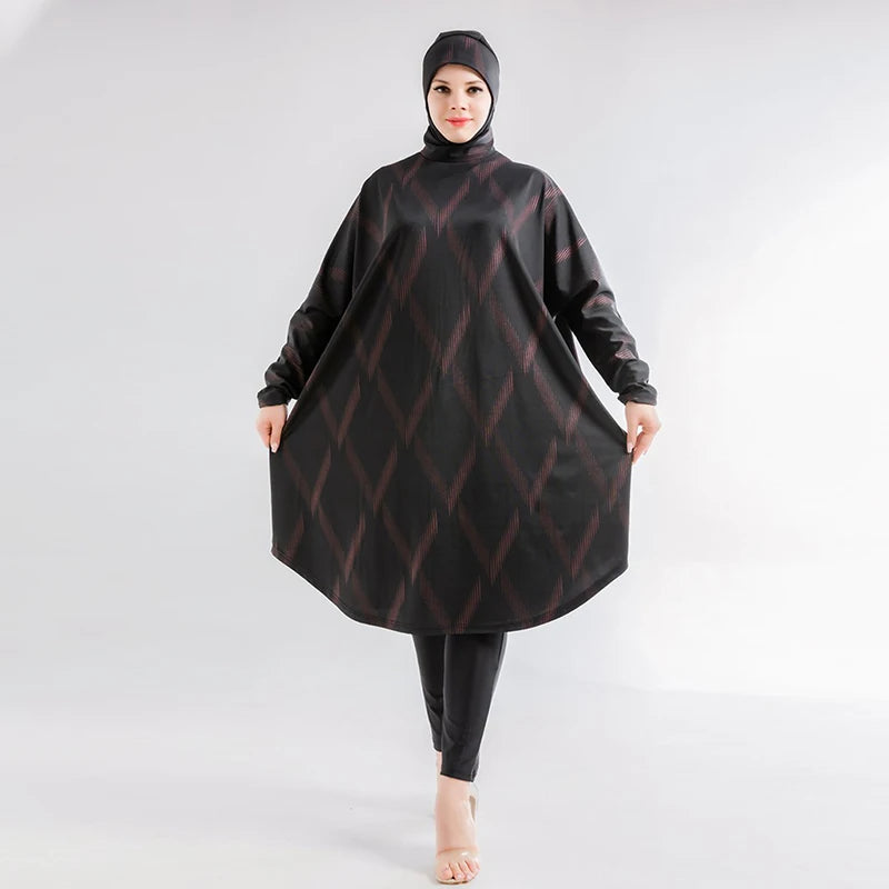 Burkini Femme 3 Pièces Imprimé Écran - Maillot de Bain Musulman Complet