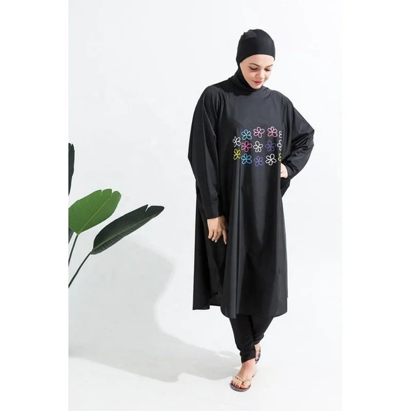 Burkini Femme 3 Pièces Imprimé Écran - Maillot de Bain Musulman Complet