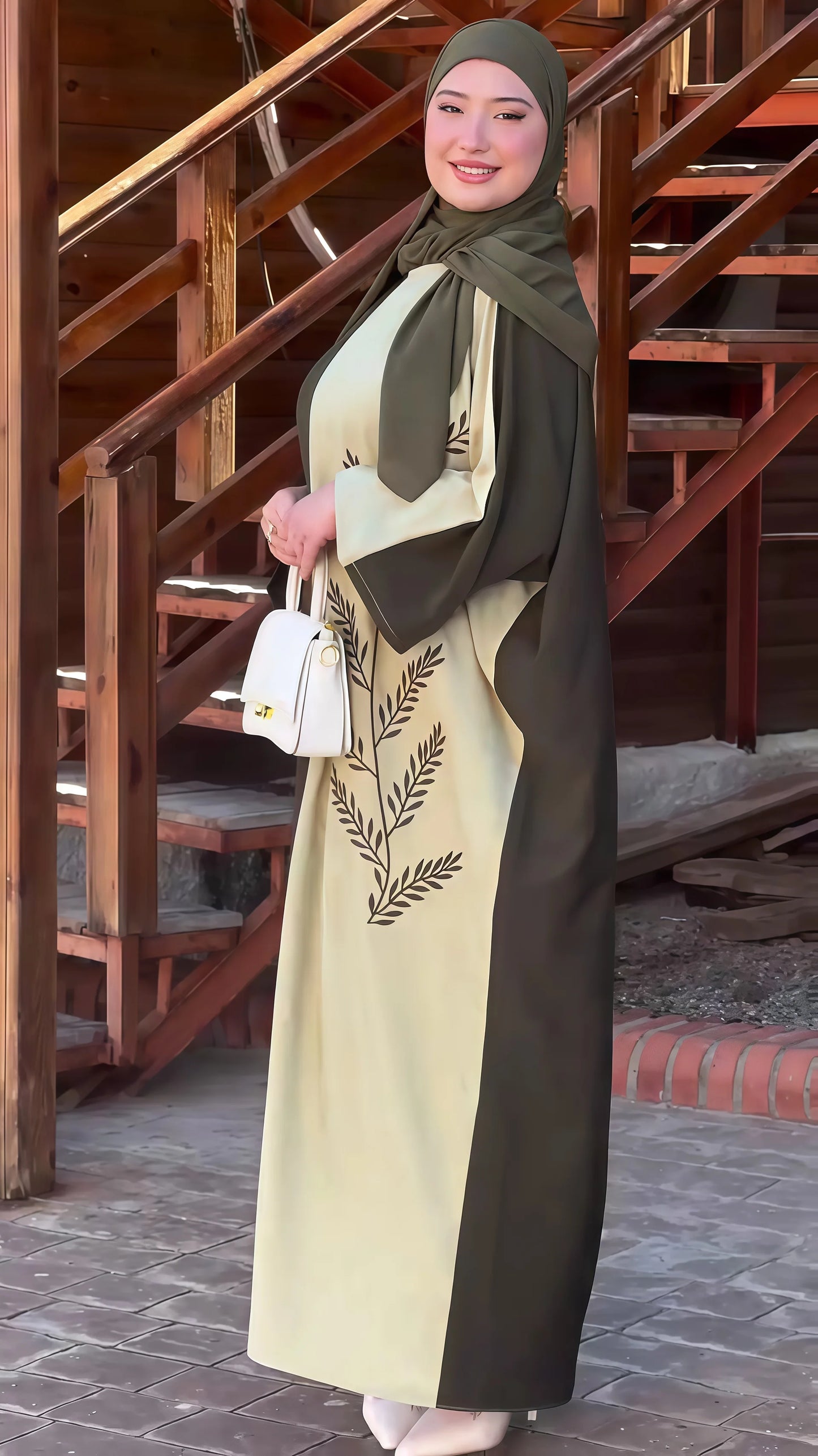 Abaya Bicolore Olive Beige Broderie Feuilles - Hijab Assorti Élégant