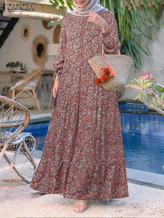 Robe Musulmane ZANZEA 2025 - Abaya Florale Vintage Maxi Kaftan Femme