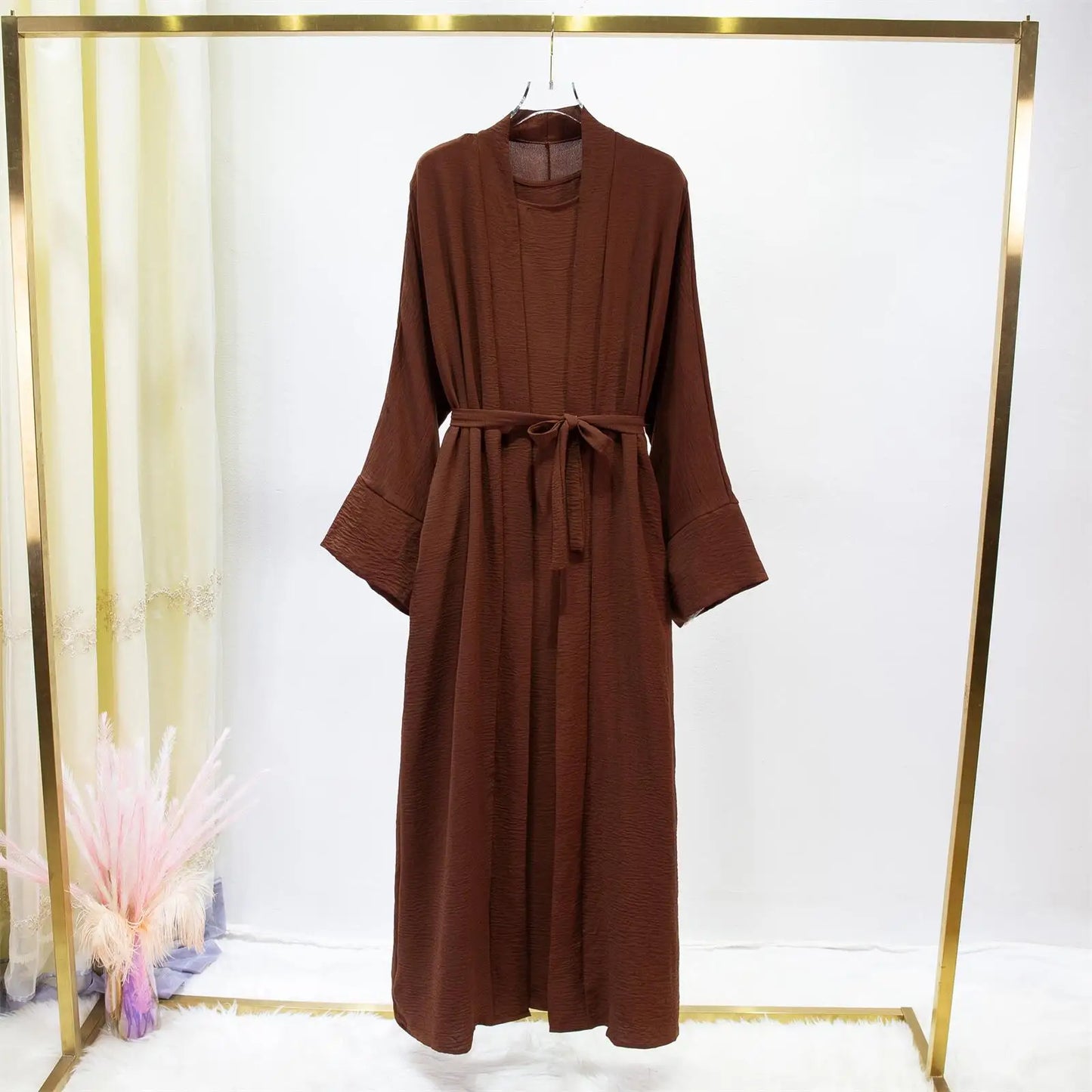 Ensemble Jilbab Deux Pièces Femmes - Abaya Cardigan avec Robe Intérieure et Ceinture