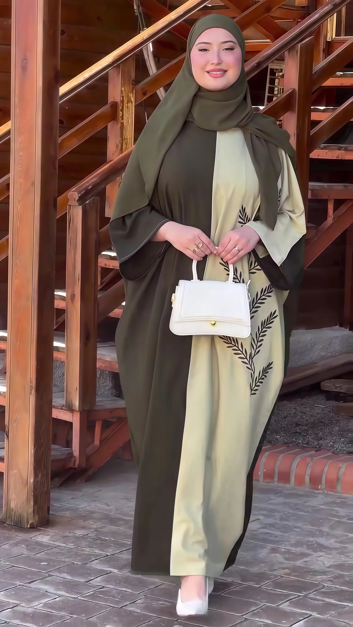 Abaya Bicolore Olive Beige Broderie Feuilles - Hijab Assorti Élégant