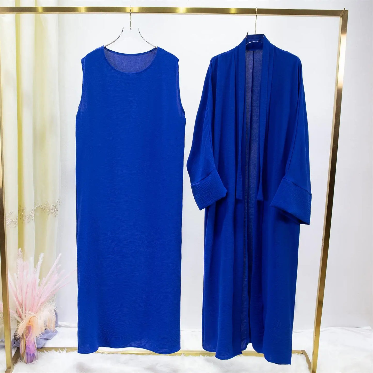 Ensemble Jilbab Deux Pièces Femmes - Abaya Cardigan avec Robe Intérieure et Ceinture
